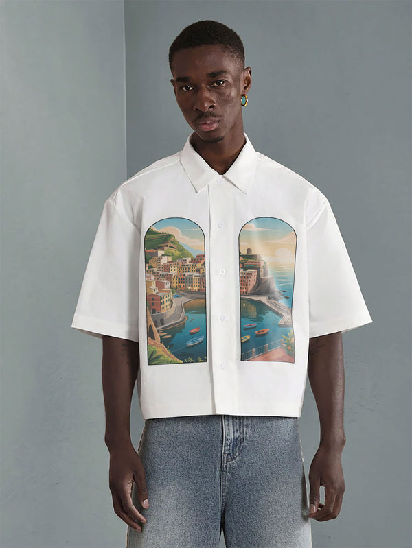 VARLDENS Mediterranean Vista Print Shirt | Scenic Streetwear Essential