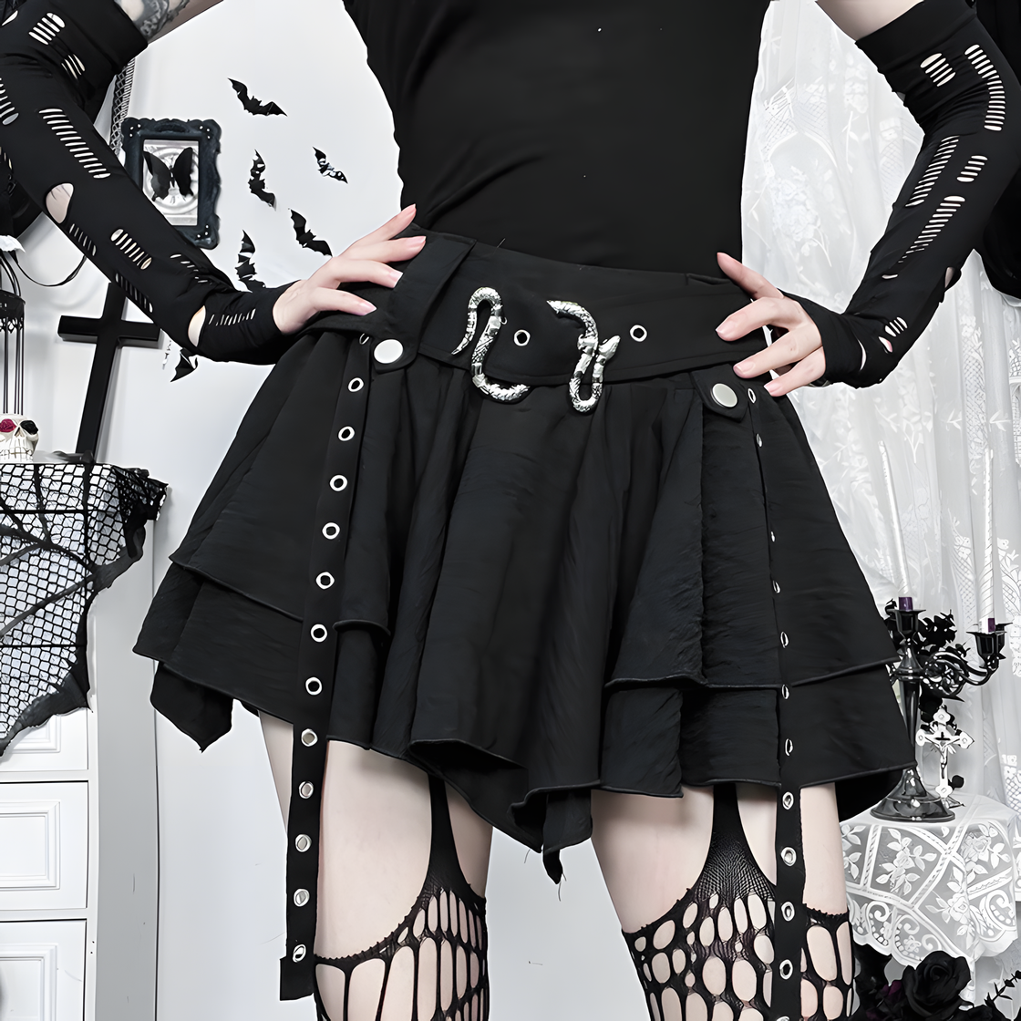 Gothic Black Layered Mini Skirt – Belted Punk Skater Skirt with Metal Buckles