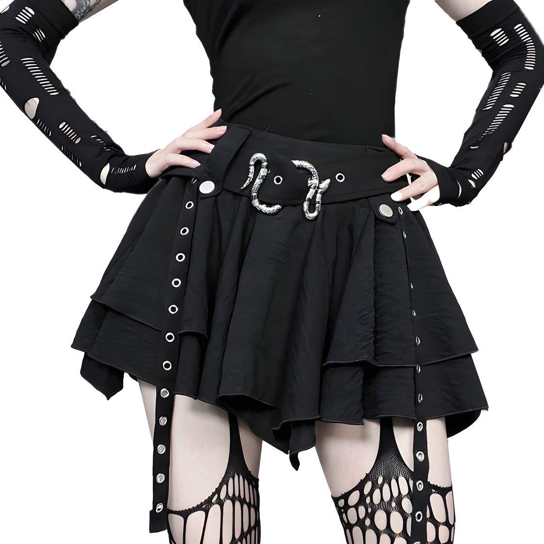 Gothic Black Layered Mini Skirt – Belted Punk Skater Skirt with Metal Buckles