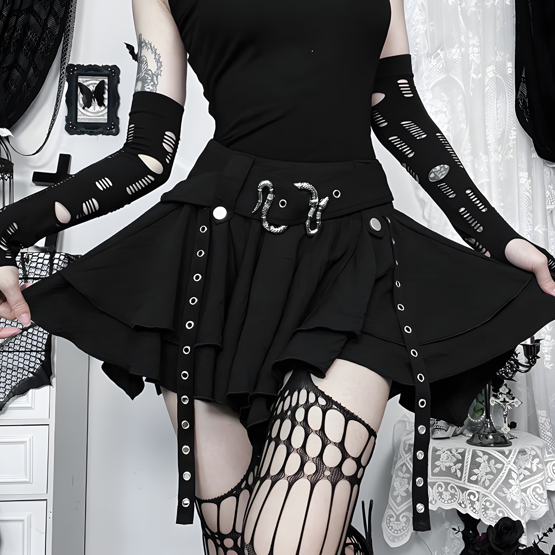 Gothic Black Layered Mini Skirt – Belted Punk Skater Skirt with Metal Buckles