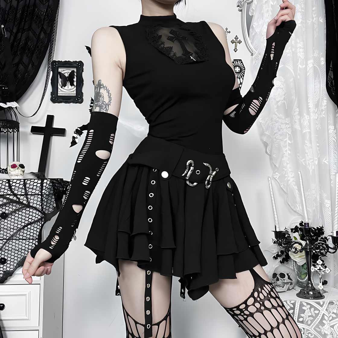 Gothic Black Layered Mini Skirt – Belted Punk Skater Skirt with Metal Buckles