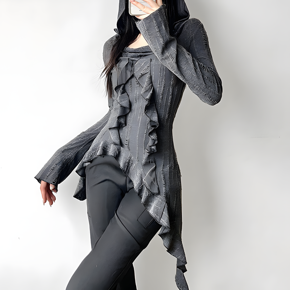 Gothic Ruffle Hoodie - Asymmetrical Design, Dark Aesthetic Streetwear