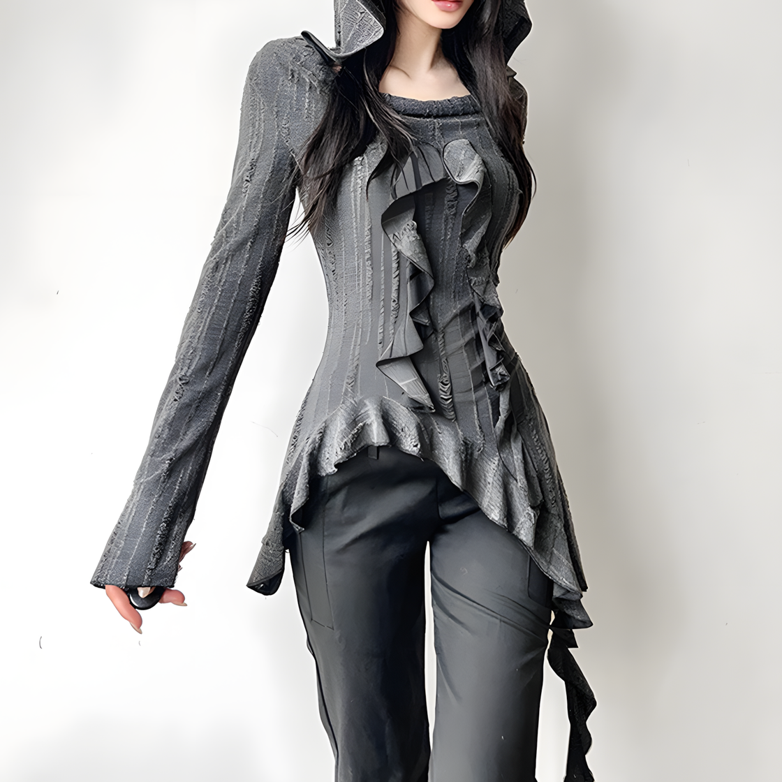 Gothic Ruffle Hoodie - Asymmetrical Design, Dark Aesthetic Streetwear