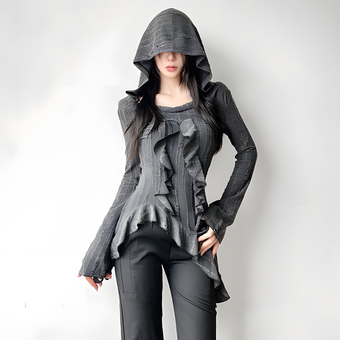 Gothic Ruffle Hoodie - Asymmetrical Design, Dark Aesthetic Streetwear