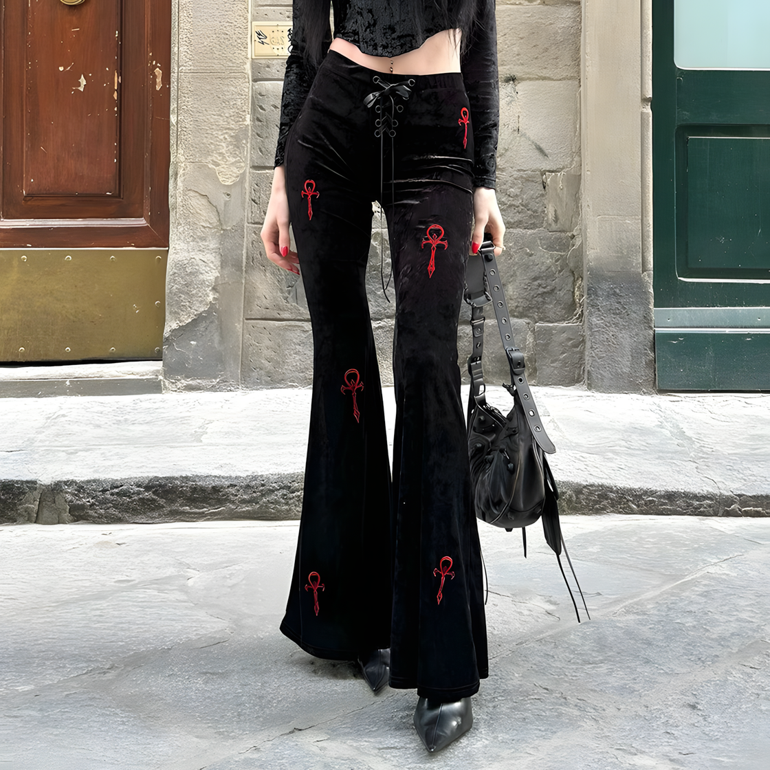 Black Velvet Flare Pants with Lace-Up Detail - Dark Romantic Gothic Street Style