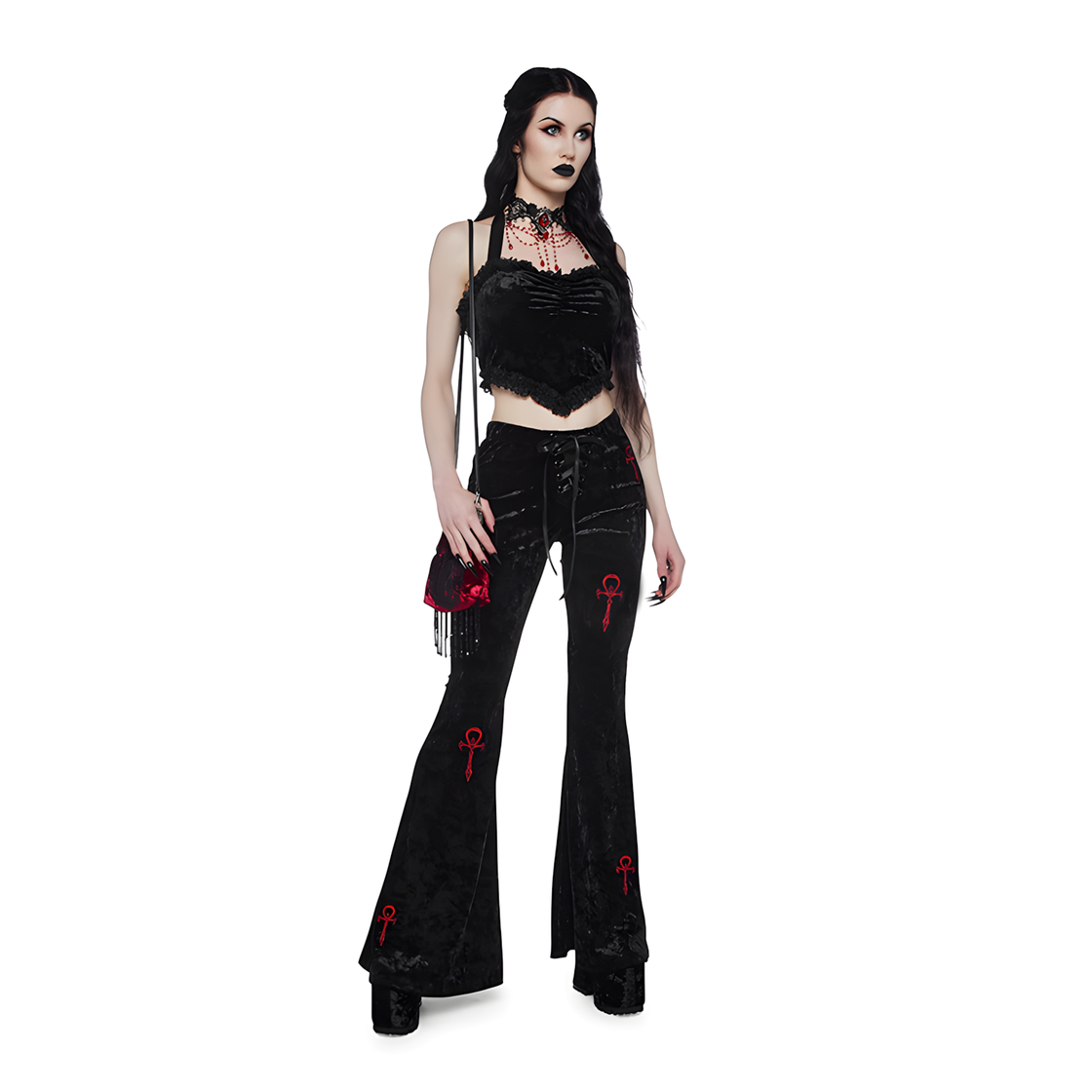 Black Velvet Flare Pants with Lace-Up Detail - Dark Romantic Gothic Street Style