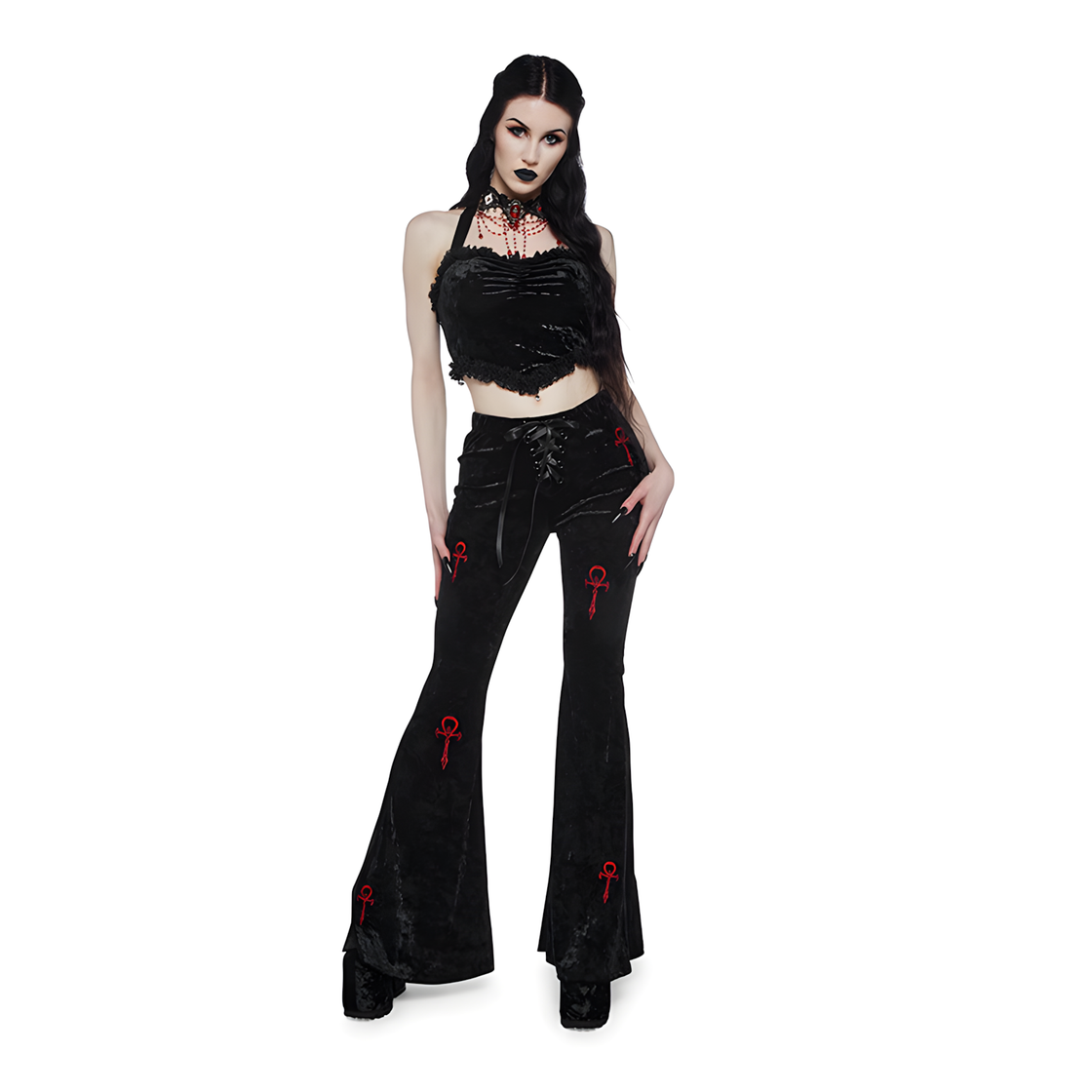 Black Velvet Flare Pants with Lace-Up Detail - Dark Romantic Gothic Street Style