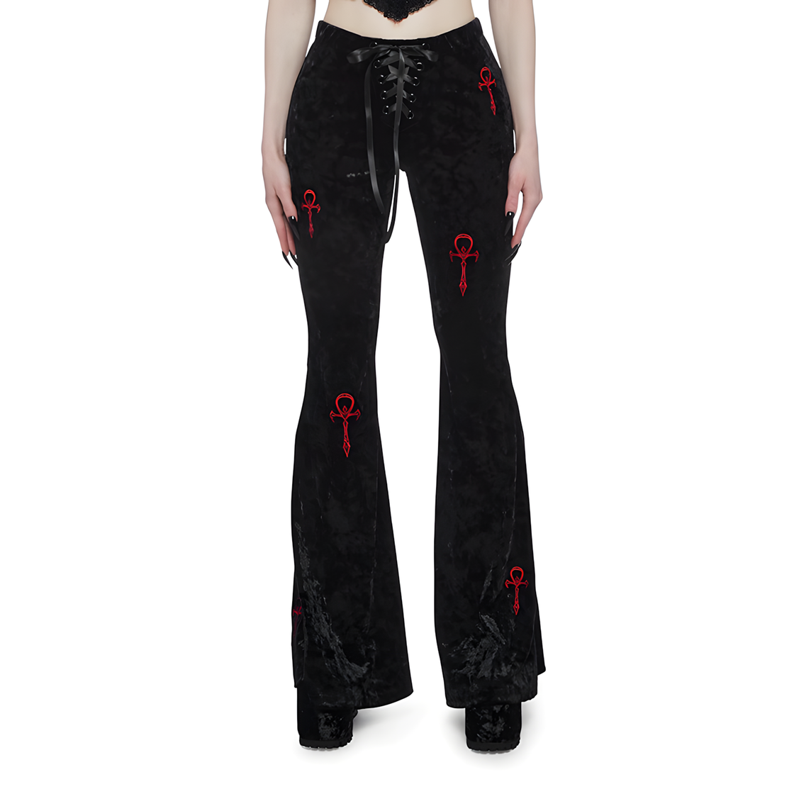 Black Velvet Flare Pants with Lace-Up Detail - Dark Romantic Gothic Street Style