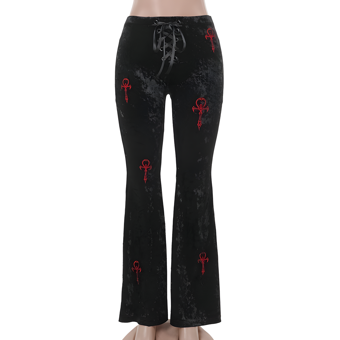 Black Velvet Flare Pants with Lace-Up Detail - Dark Romantic Gothic Street Style