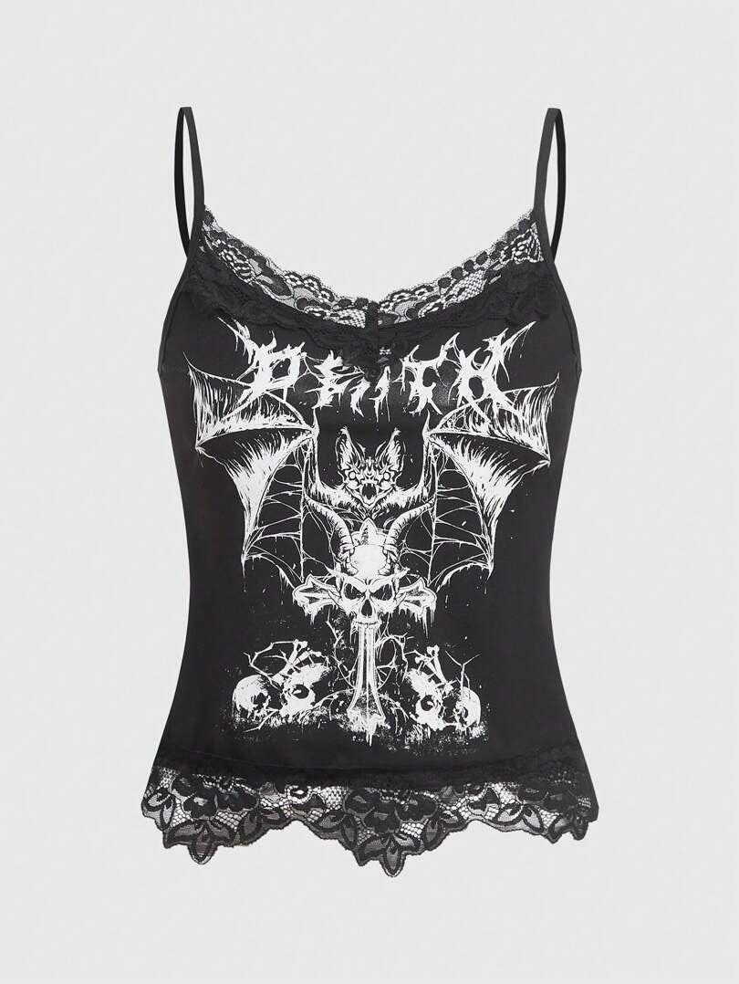 Goth Skull Print Contrast Lace Cami Top