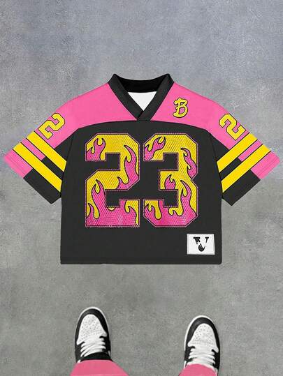 VARLDENS Football V Neck Flame 23 Mesh Jersey | Retro Streetwear Statement