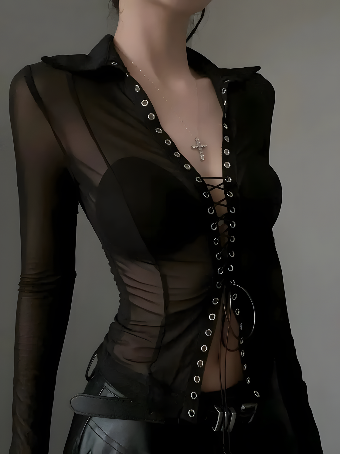 Black Mesh Lace-Up Long Sleeve Top – Sheer Grommet V-Neck Grunge Shirt for Women Y2K Edgy Aesthetic