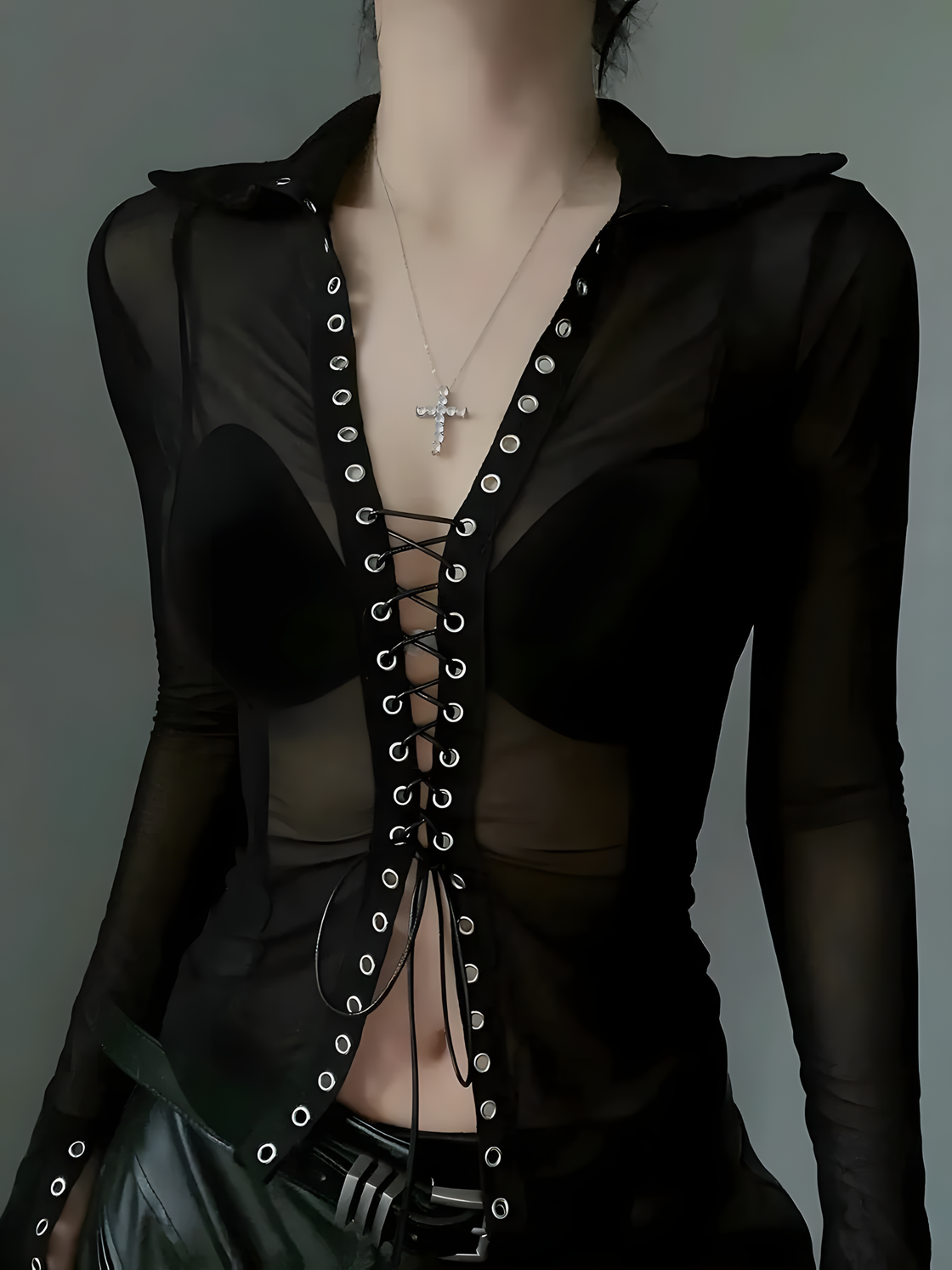 Black Mesh Lace-Up Long Sleeve Top – Sheer Grommet V-Neck Grunge Shirt for Women Y2K Edgy Aesthetic