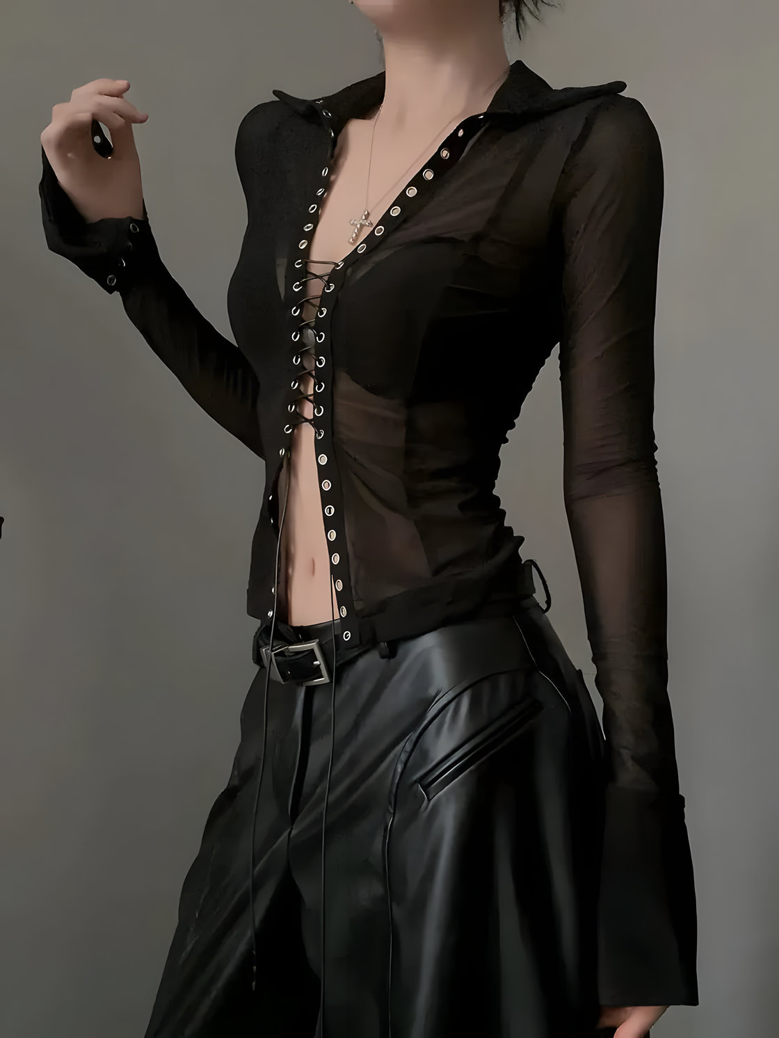 Black Mesh Lace-Up Long Sleeve Top – Sheer Grommet V-Neck Grunge Shirt for Women Y2K Edgy Aesthetic