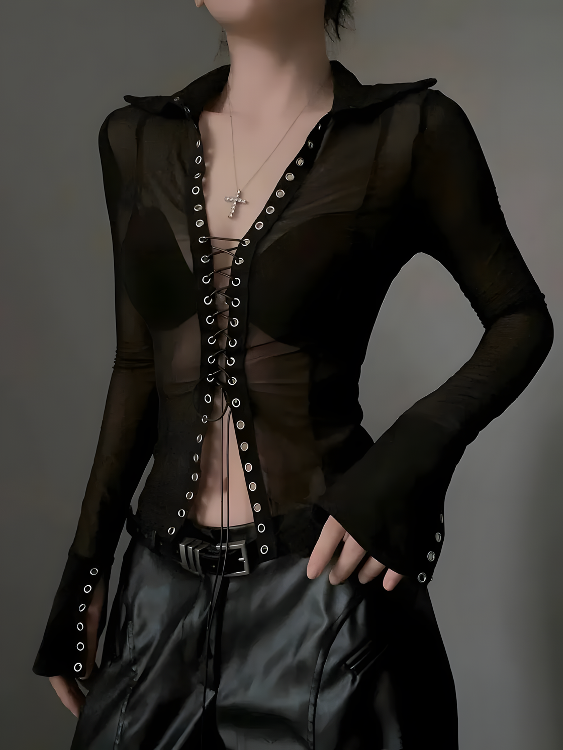 Black Mesh Lace-Up Long Sleeve Top – Sheer Grommet V-Neck Grunge Shirt for Women Y2K Edgy Aesthetic