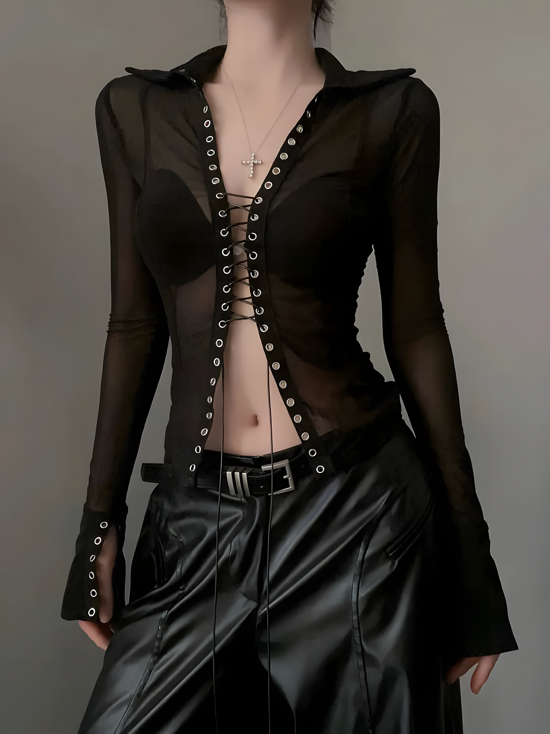 Black Mesh Lace-Up Long Sleeve Top – Sheer Grommet V-Neck Grunge Shirt for Women Y2K Edgy Aesthetic