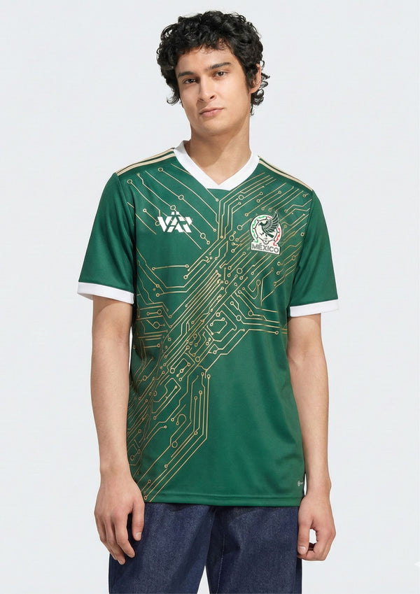 Varldens Mexico Tech Circuit Heritage Jersey | Green & Gold Cyber Line Design | Futuristic Football Culture Shirt – Streetwear & Festival Edition