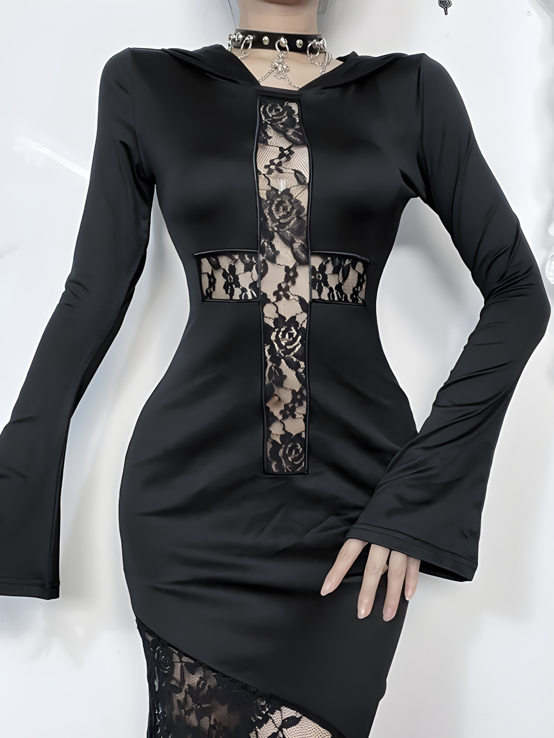 Gothic Hooded Lace Maxi Dress – Witchcore Long Sleeve Gown with Cross Detail, Sheer Mesh Overlay & Occult Aesthetic