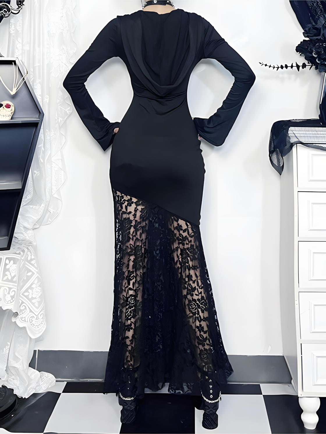 Gothic Hooded Lace Maxi Dress – Witchcore Long Sleeve Gown with Cross Detail, Sheer Mesh Overlay & Occult Aesthetic