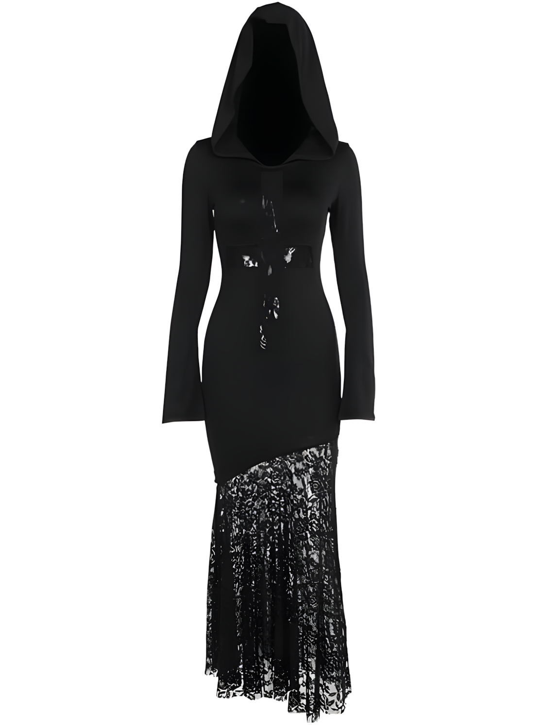 Gothic Hooded Lace Maxi Dress – Witchcore Long Sleeve Gown with Cross Detail, Sheer Mesh Overlay & Occult Aesthetic