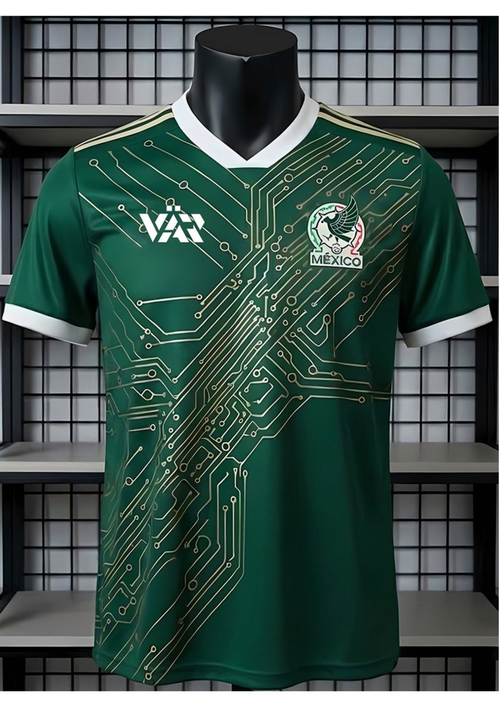 Varldens Mexico Tech Circuit Heritage Jersey | Green & Gold Cyber Line Design | Futuristic Football Culture Shirt – Streetwear & Festival Edition