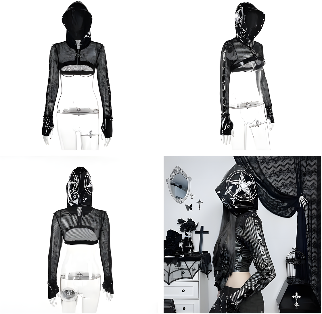 Cyber Goth Mesh Hoodie Crop Top with PVC Hood & Straps – Alternative Punk Fishnet Streetwear Jacket for Women