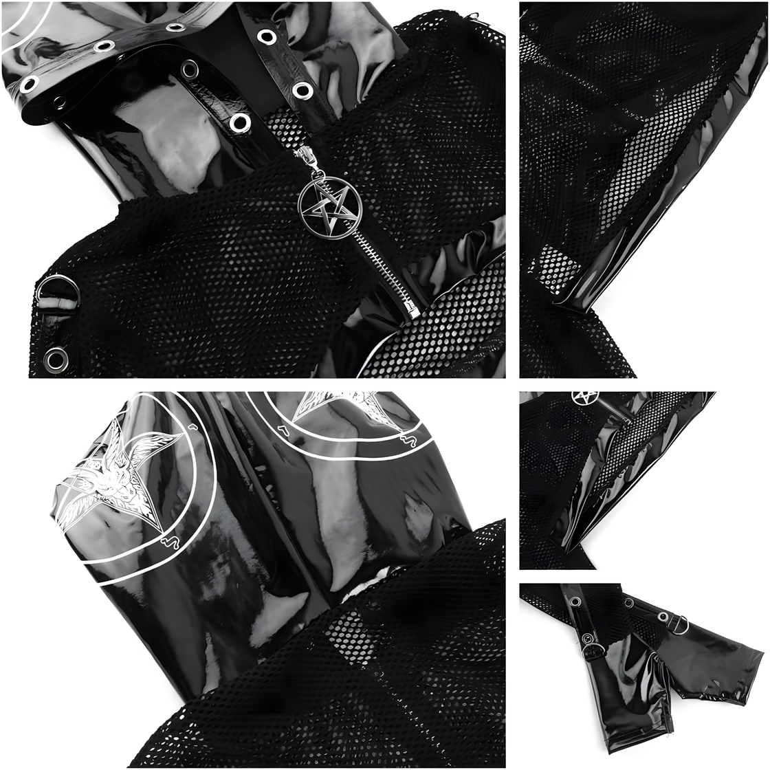 Cyber Goth Mesh Hoodie Crop Top with PVC Hood & Straps – Alternative Punk Fishnet Streetwear Jacket for Women