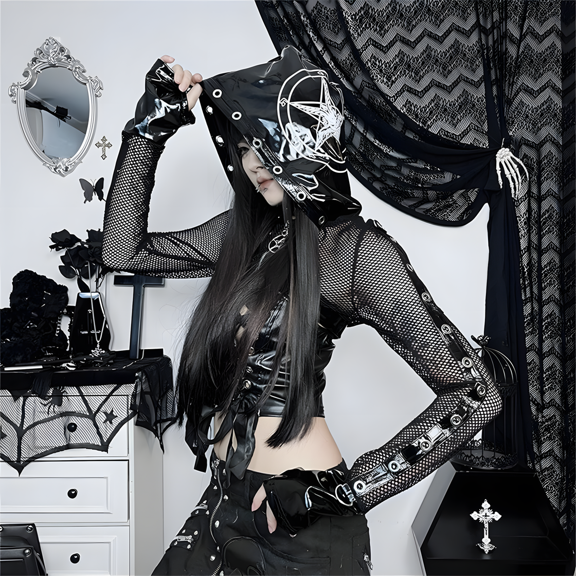 Cyber Goth Mesh Hoodie Crop Top with PVC Hood & Straps – Alternative Punk Fishnet Streetwear Jacket for Women