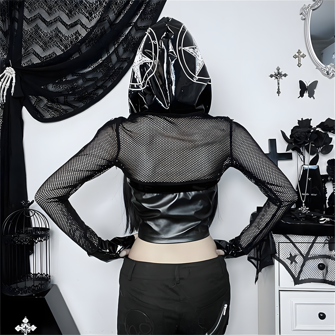 Cyber Goth Mesh Hoodie Crop Top with PVC Hood & Straps – Alternative Punk Fishnet Streetwear Jacket for Women