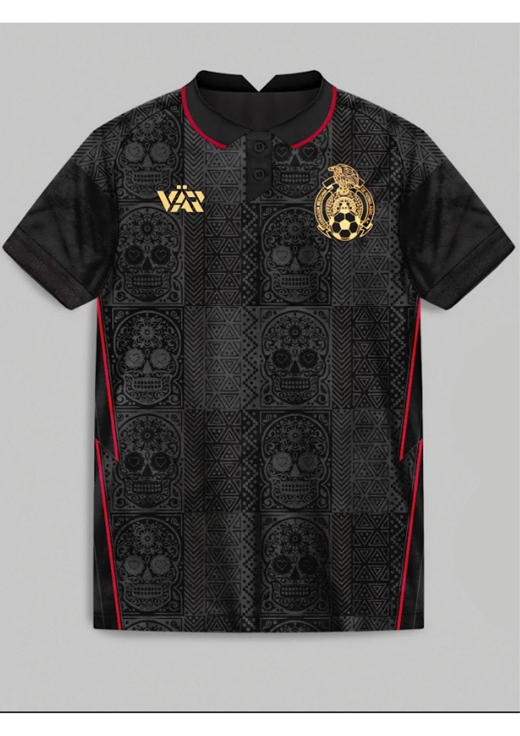 Varldens Día de los Muertos Heritage Jersey | Black & Gold Sugar Skull Design | Mexican Football Culture Shirt – Festival & Streetwear Edition