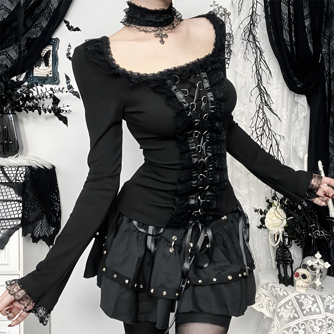 Gothic Lace-Up Corset Top – Victorian-Inspired Long Sleeve Blouse with Ruffle Trim, Dark Romantic Lolita Shirt