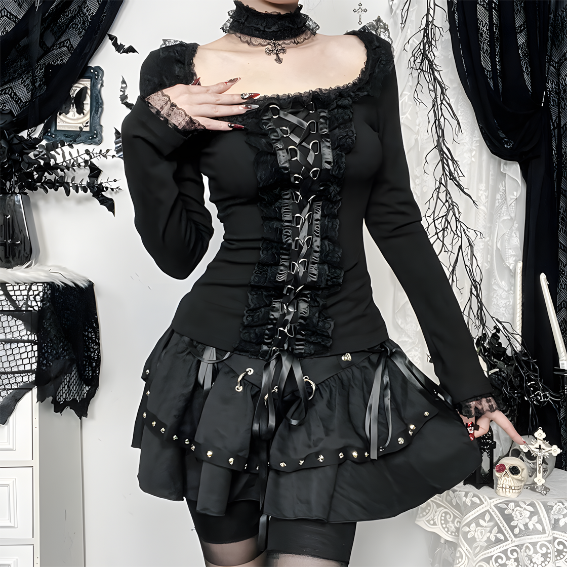 Gothic Lace-Up Corset Top – Victorian-Inspired Long Sleeve Blouse with Ruffle Trim, Dark Romantic Lolita Shirt