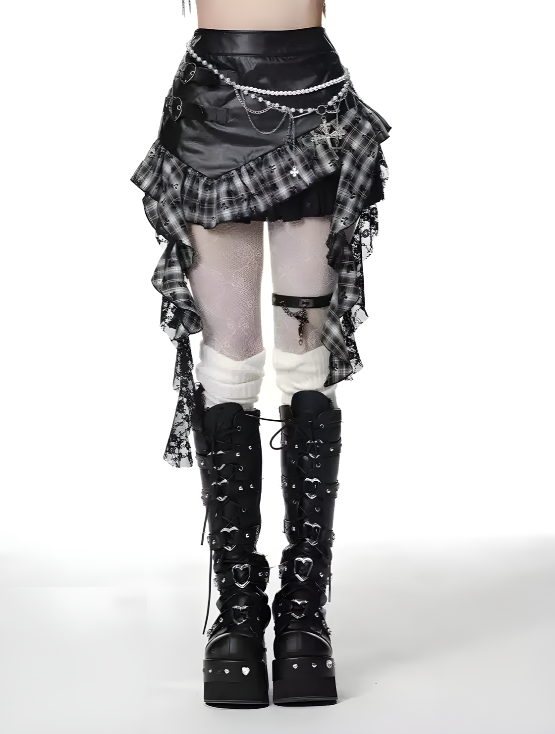 Gothic Faux Leather Mini Skirt – Asymmetrical Red Plaid Ruffle Skirt with Heart Buckles, Punk Rock Harajuku Style