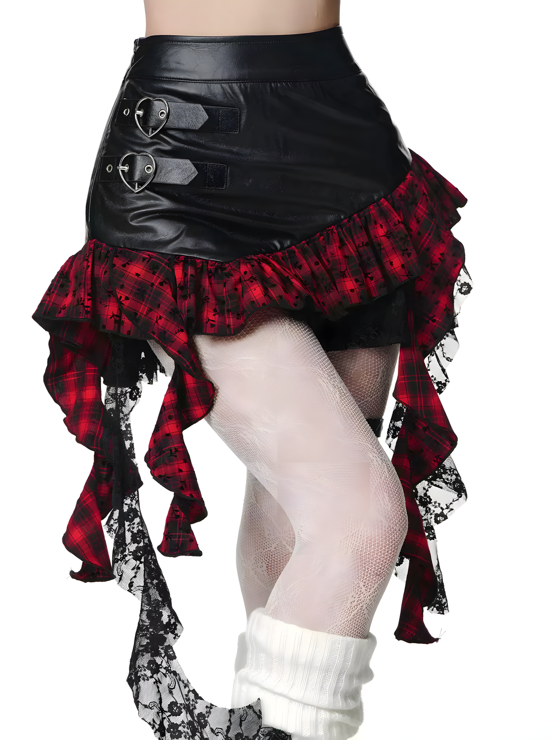 Gothic Faux Leather Mini Skirt – Asymmetrical Red Plaid Ruffle Skirt with Heart Buckles, Punk Rock Harajuku Style