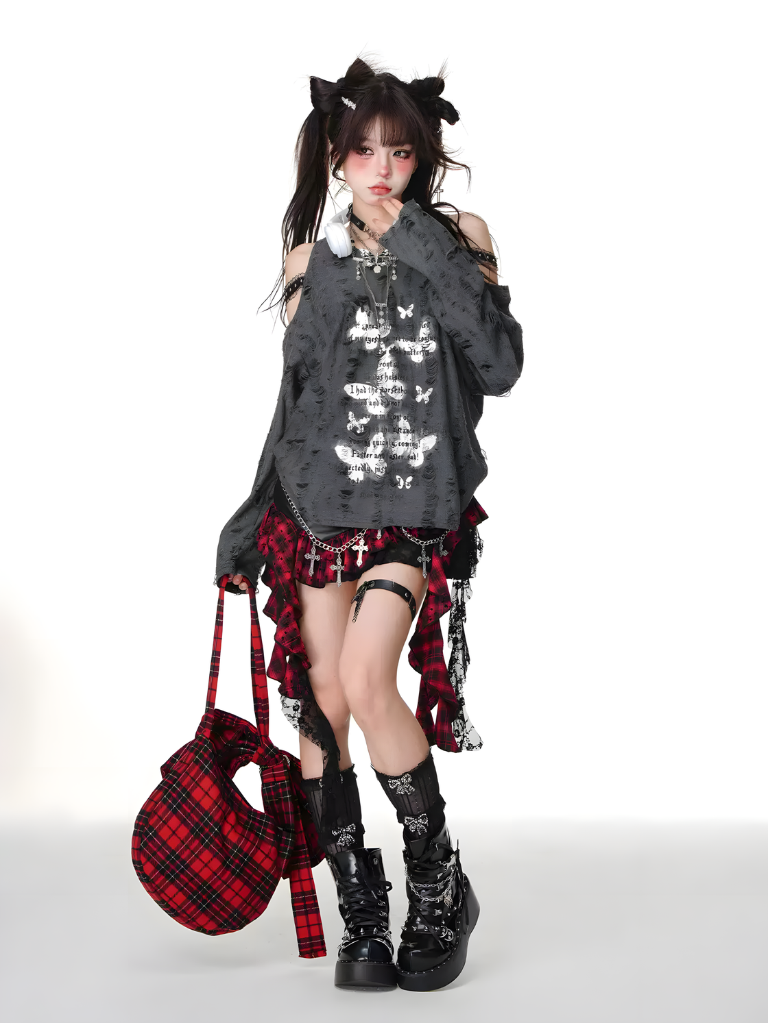 Gothic Faux Leather Mini Skirt – Asymmetrical Red Plaid Ruffle Skirt with Heart Buckles, Punk Rock Harajuku Style