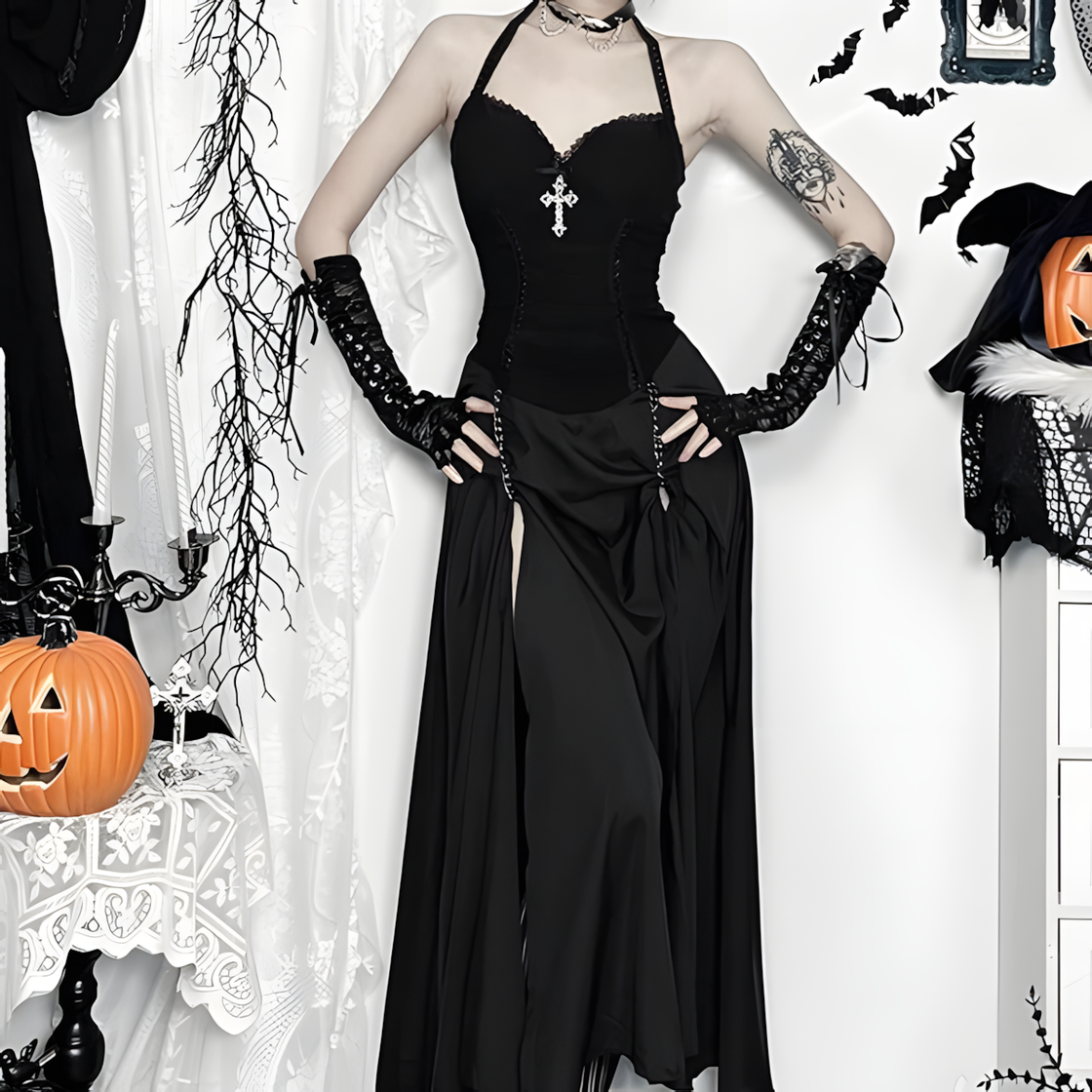 Gothic Halter Maxi Dress with Slit – Elegant Cross Pendant Corset Gown for Halloween, Vampire, or Dark Formal Events