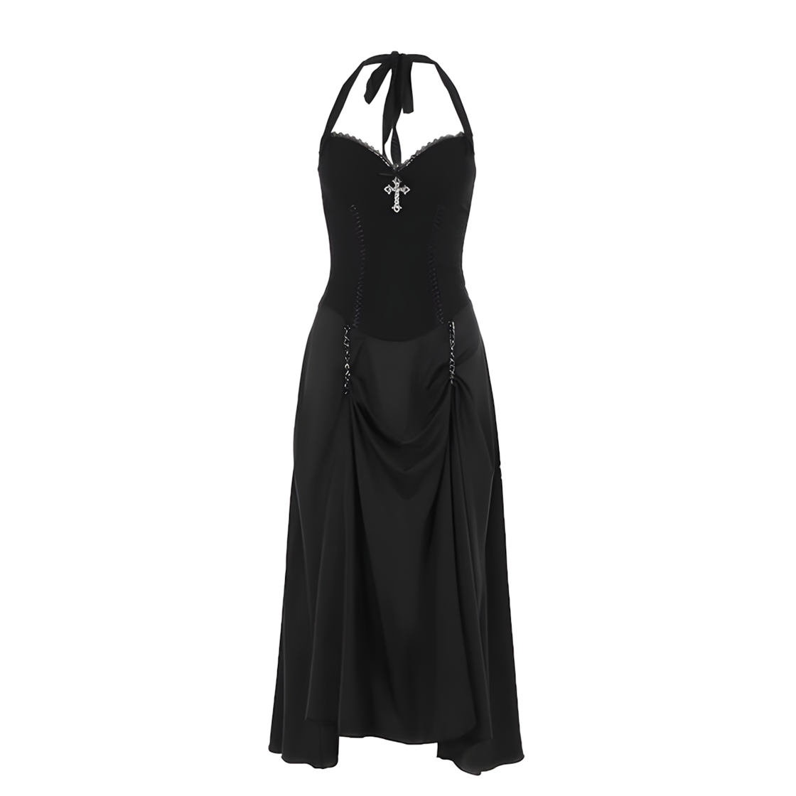 Gothic Halter Maxi Dress with Slit – Elegant Cross Pendant Corset Gown for Halloween, Vampire, or Dark Formal Events