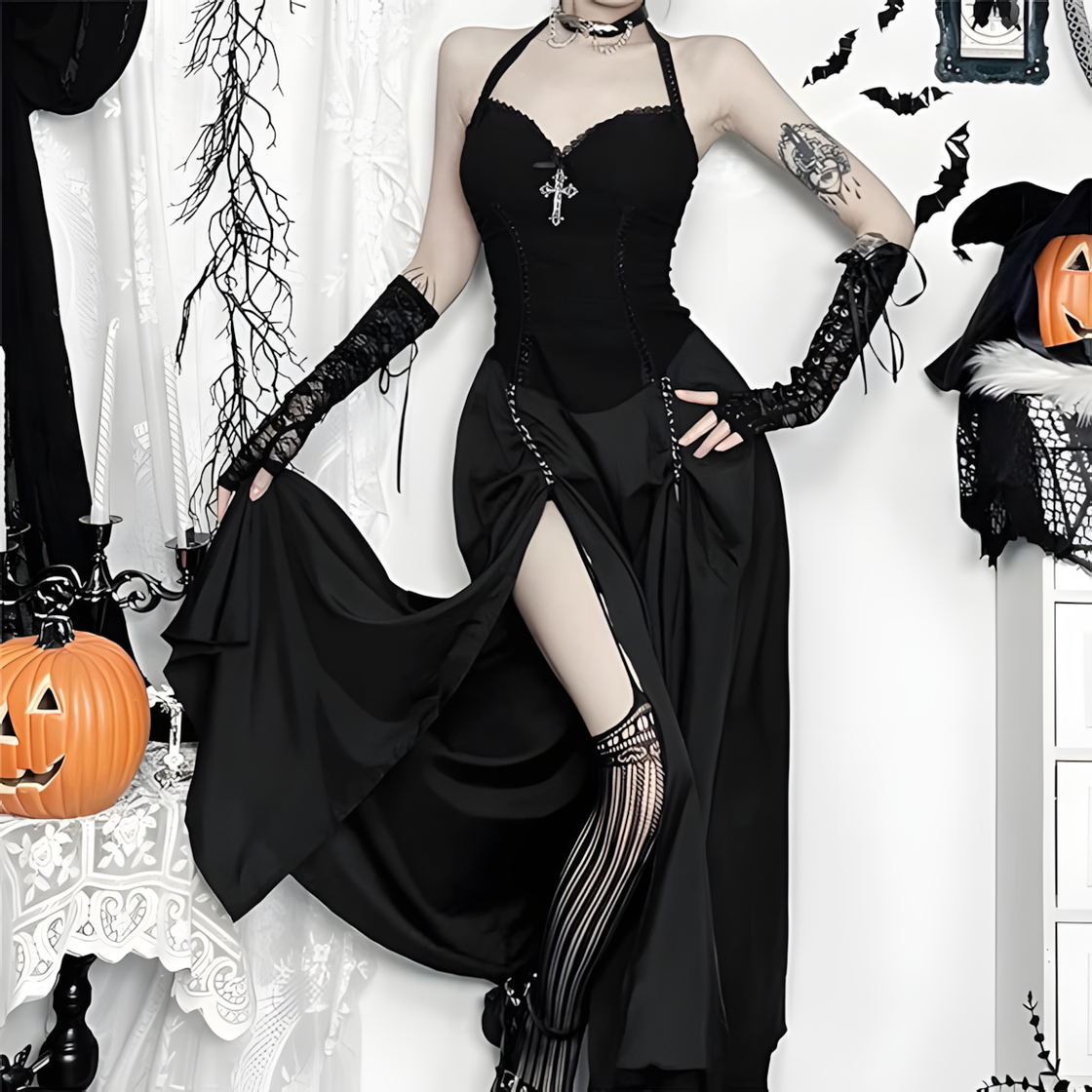 Gothic Halter Maxi Dress with Slit – Elegant Cross Pendant Corset Gown for Halloween, Vampire, or Dark Formal Events
