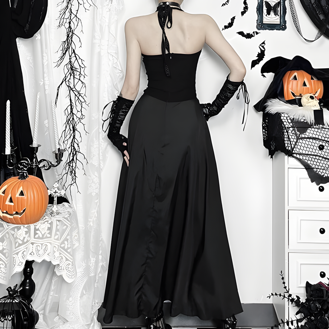 Gothic Halter Maxi Dress with Slit – Elegant Cross Pendant Corset Gown for Halloween, Vampire, or Dark Formal Events