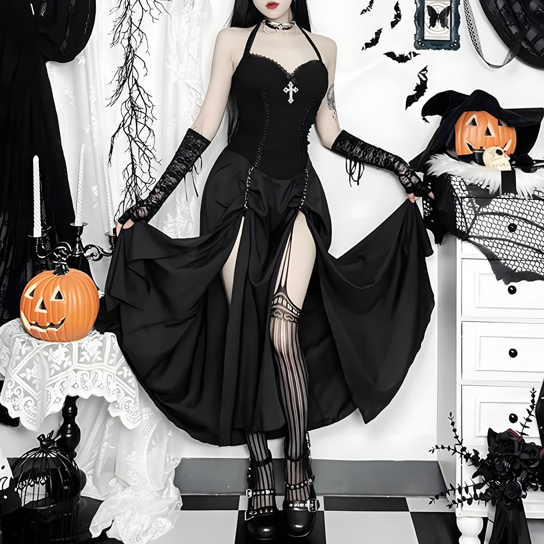 Gothic Halter Maxi Dress with Slit – Elegant Cross Pendant Corset Gown for Halloween, Vampire, or Dark Formal Events