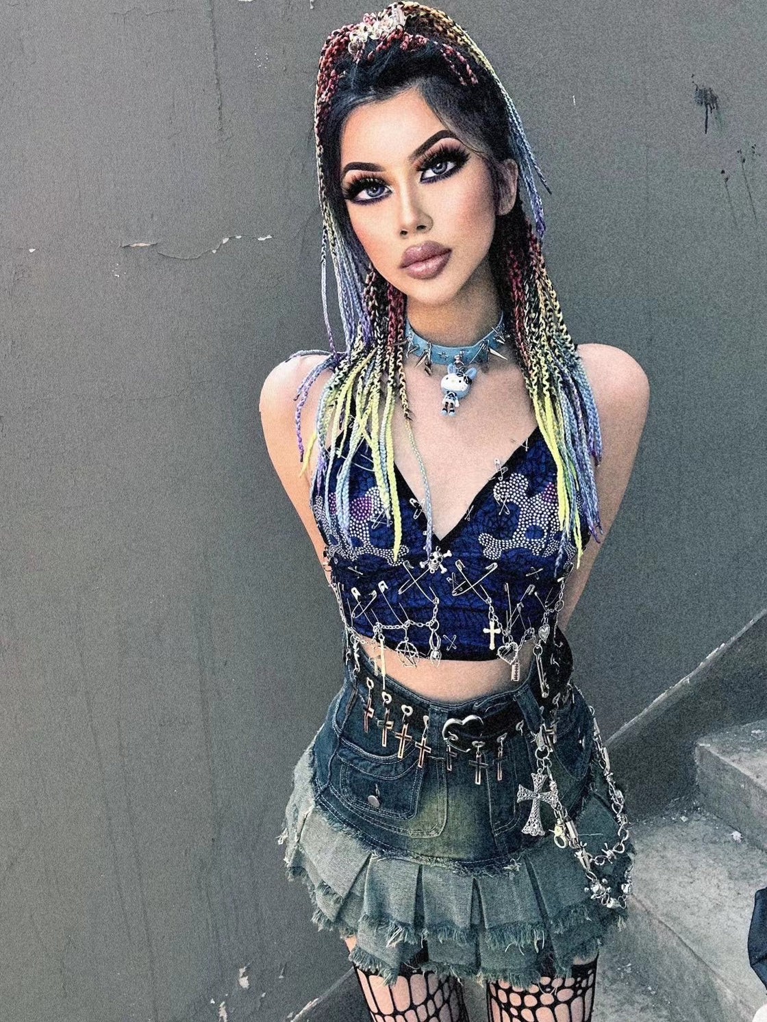 Edgy Denim Mini Skirt - Raw-Edge Patchwork Design, Grunge Street Style