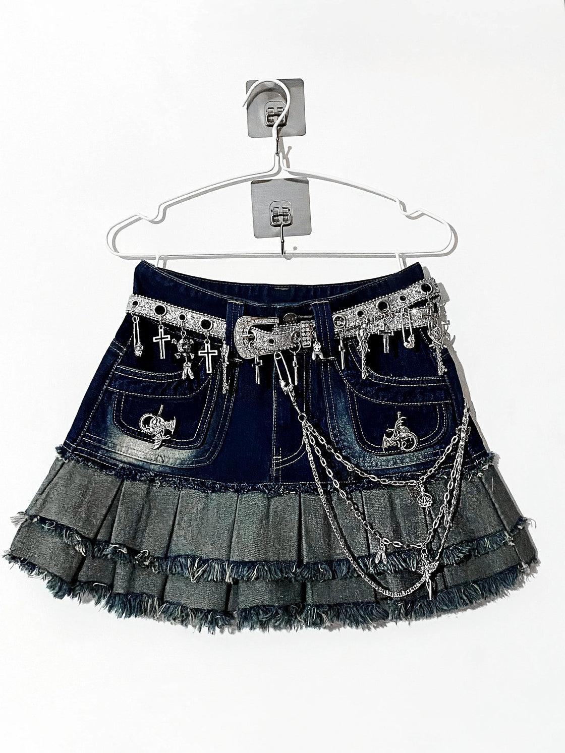 Edgy Denim Mini Skirt - Raw-Edge Patchwork Design, Grunge Street Style