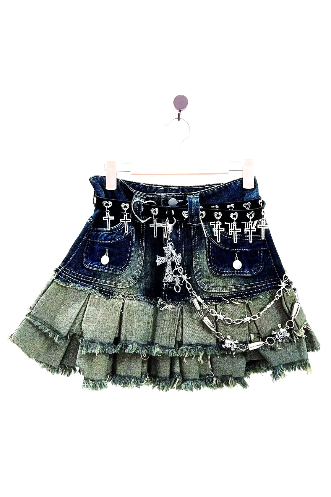 Edgy Denim Mini Skirt - Raw-Edge Patchwork Design, Grunge Street Style