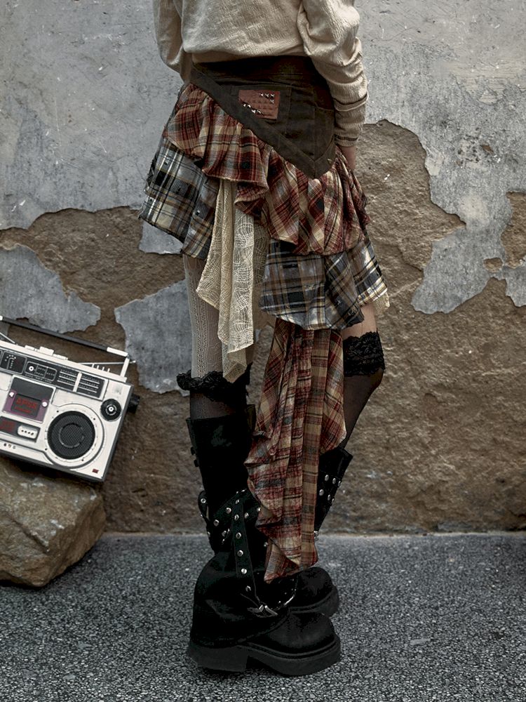 Gothic Check Mini Skirt - Asymmetrical Belt & Buckle Detail, Punk Streetwear