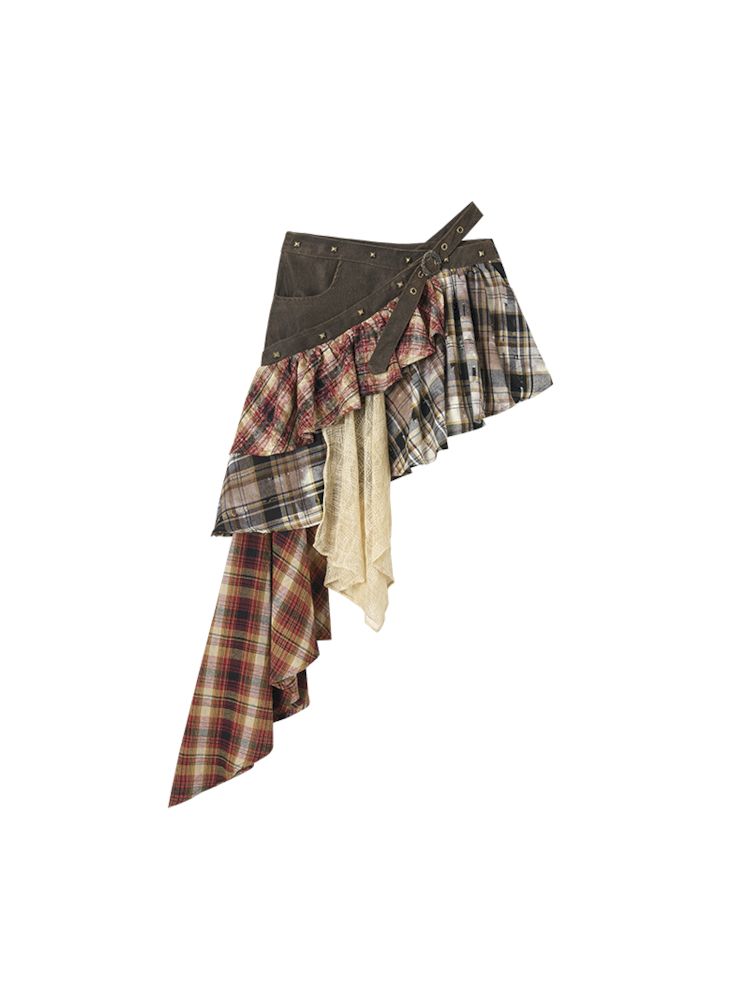 Gothic Check Mini Skirt - Asymmetrical Belt & Buckle Detail, Punk Streetwear