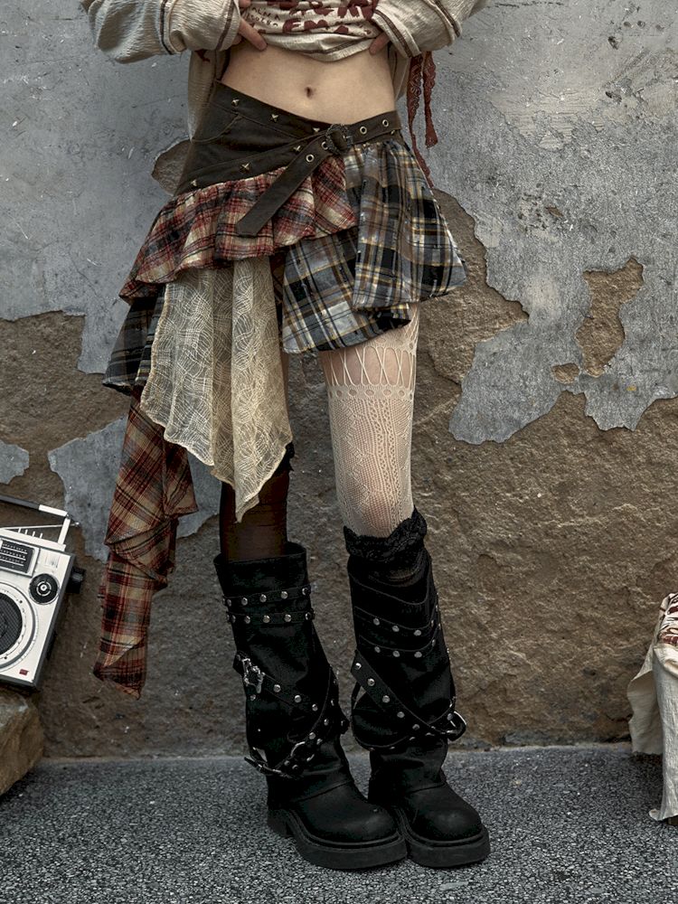 Gothic Check Mini Skirt - Asymmetrical Belt & Buckle Detail, Punk Streetwear