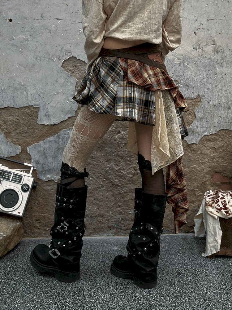 Gothic Check Mini Skirt - Asymmetrical Belt & Buckle Detail, Punk Streetwear