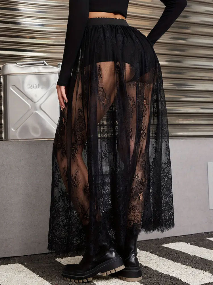 Edgy Lace Maxi Skirt - Ruffled Mermaid Hem, Dark Romantic Street Style