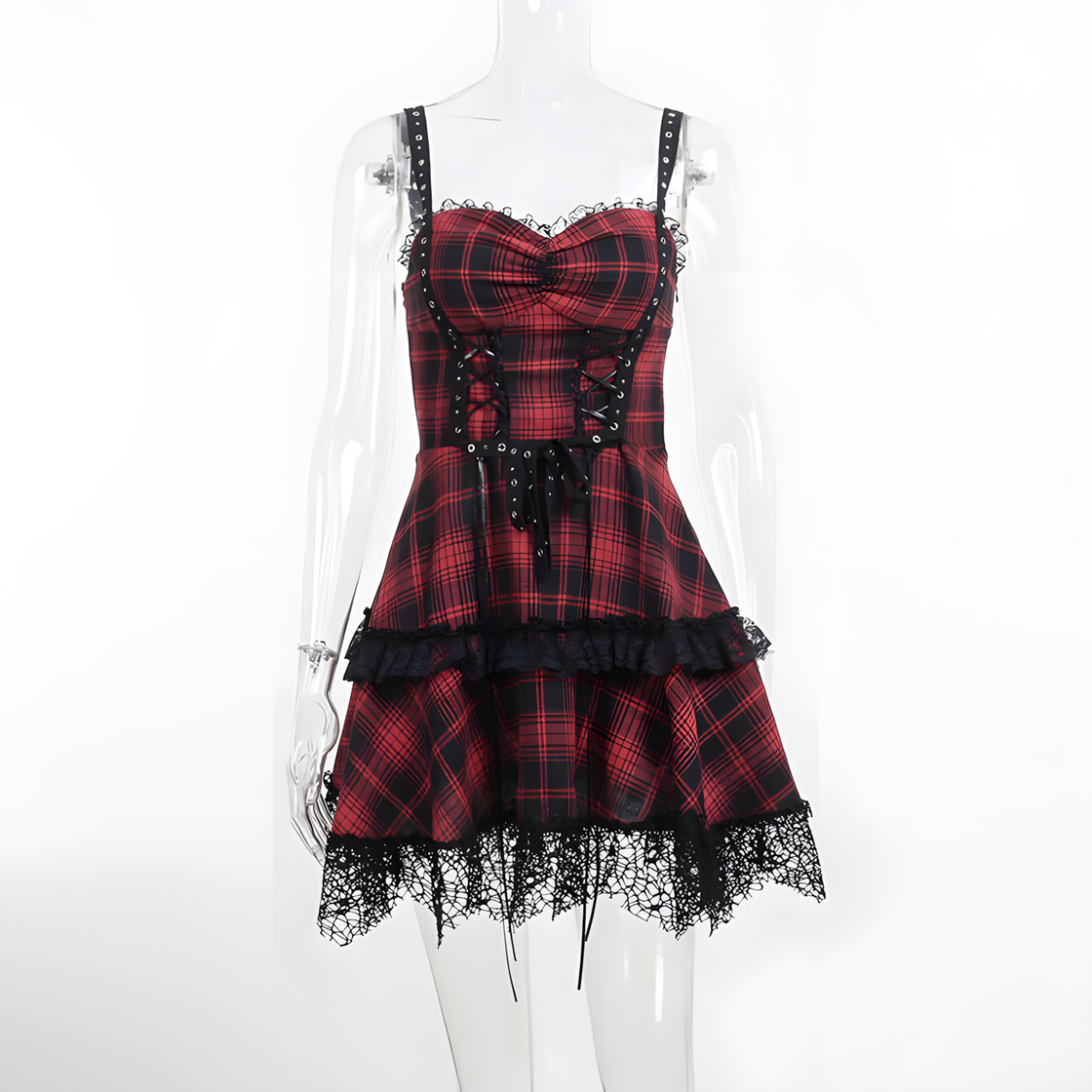 Gothic Red Plaid Corset Dress – Punk Lace-Up Tartan Mini Dress with Lace Trim for Alt-Girl & Halloween Style