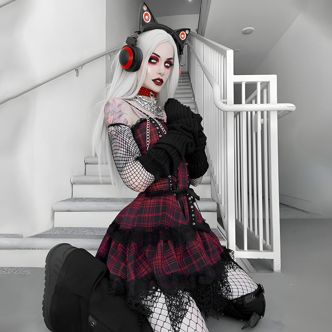 Gothic Red Plaid Corset Dress – Punk Lace-Up Tartan Mini Dress with Lace Trim for Alt-Girl & Halloween Style